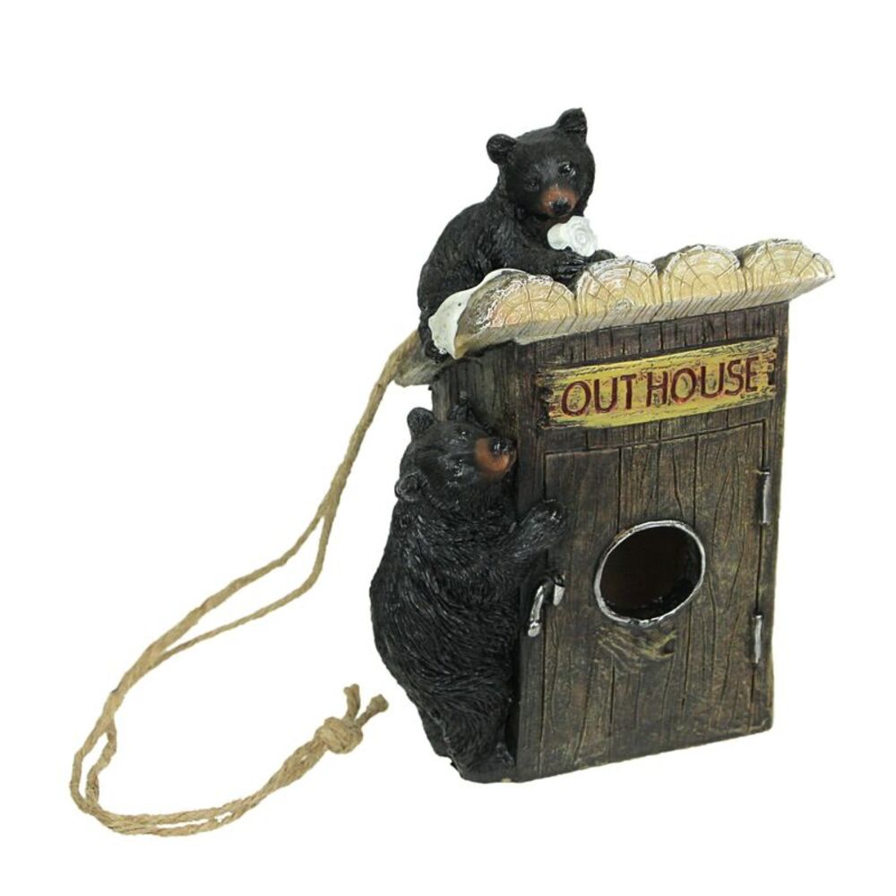 Resin Black Bear Climbing Outhouse Decorative Hanging Birdhouse Cabin Home Decor